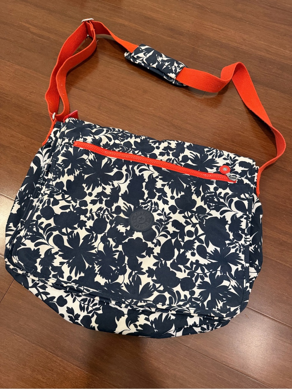 Kipling Navy & White Floral Crossbody with Orange Strap